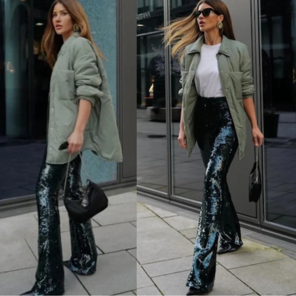 ZARA NWT BLOGGER FAVE Emerald Green Sequin Flare Leg Pants Holiday Party Pants - Picture 17 of 17